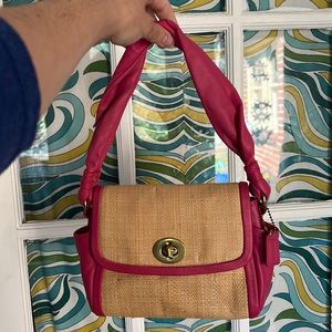 Coach Parker Pink Straw Bag with gold embellishments